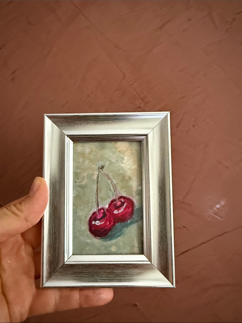 Hand-Painted Cherry Mini Art in Silver Frame